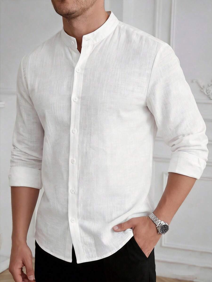 Core Aspect Men's Casual Solid Color Long Sleeve Shirt Men White Linen Shirt Men White Casual Shirt Men Textured Shirt Pure Cotton Men Shirt, White Shirt For Men, Men Summer, Fall, Old Money Style - White - View 1