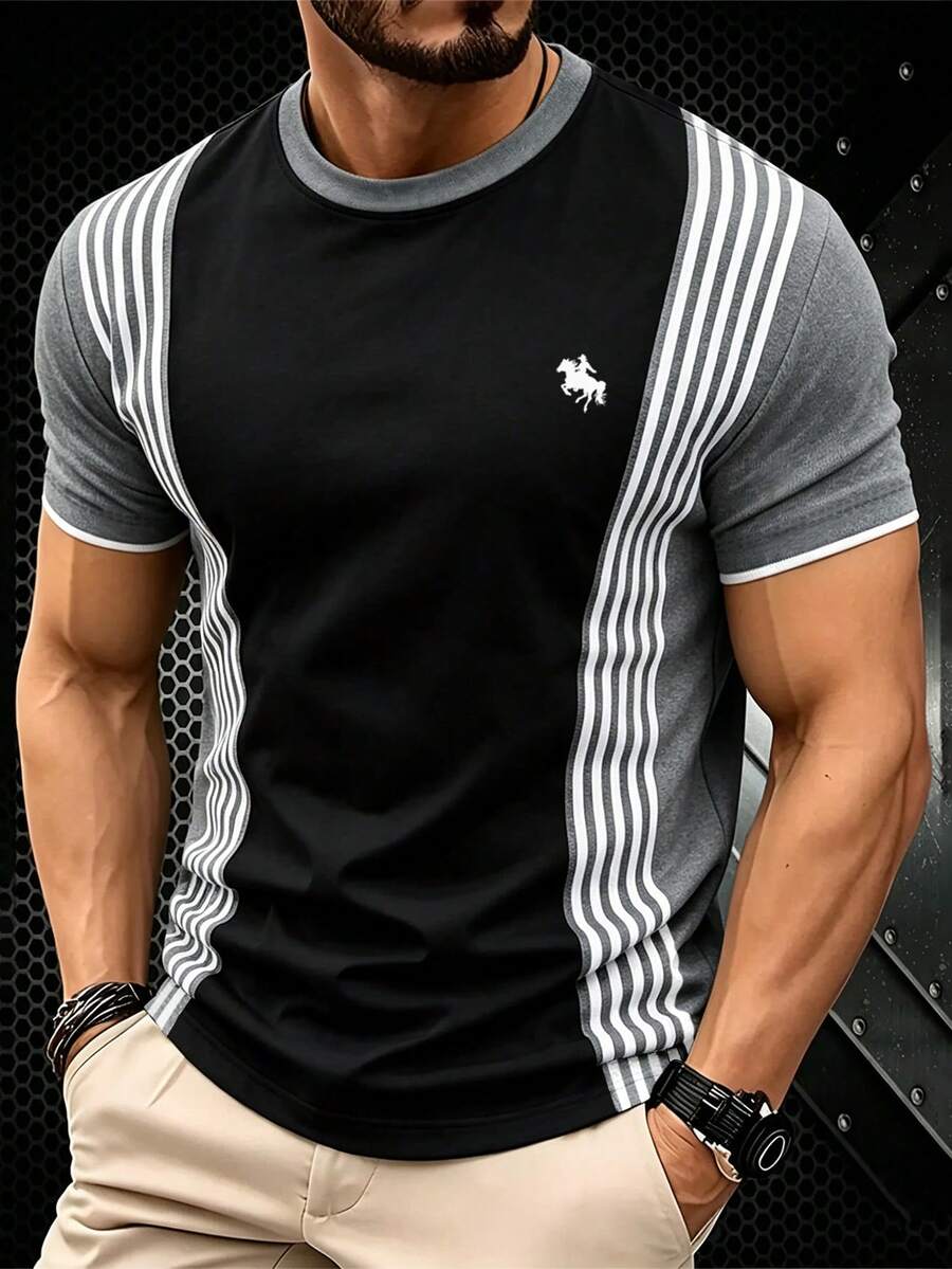 Manfinity Homme 經典時尚黑灰條紋修身男士短袖T恤，奢華成熟休閒男士圓領上衣 - 彩色 - 查看 1