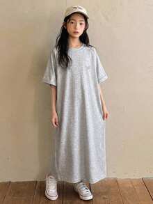 DAZY 少女刺繡圓領短袖休閒洋裝，適合日常穿著與戶外活動，夏季款 - 淺灰色 - 查看 3