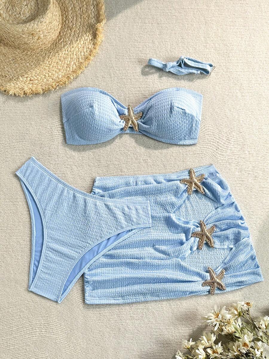 Soleia Bộ bikini 3 món size lớn màu trơn, vải vân nổi, thời trang mùa hè, màu xanh - Màu xanh lam - Xem 1