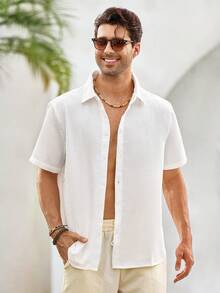 Mercer Haus Camisa de manga corta tejida de color blanco sólido con cuello para hombre, con botones delanteros, de verano, camisa abotonada, ligera, transpirable, fresca, casual, cómoda, regalo para padre/esposo - Blanco - Ver 2