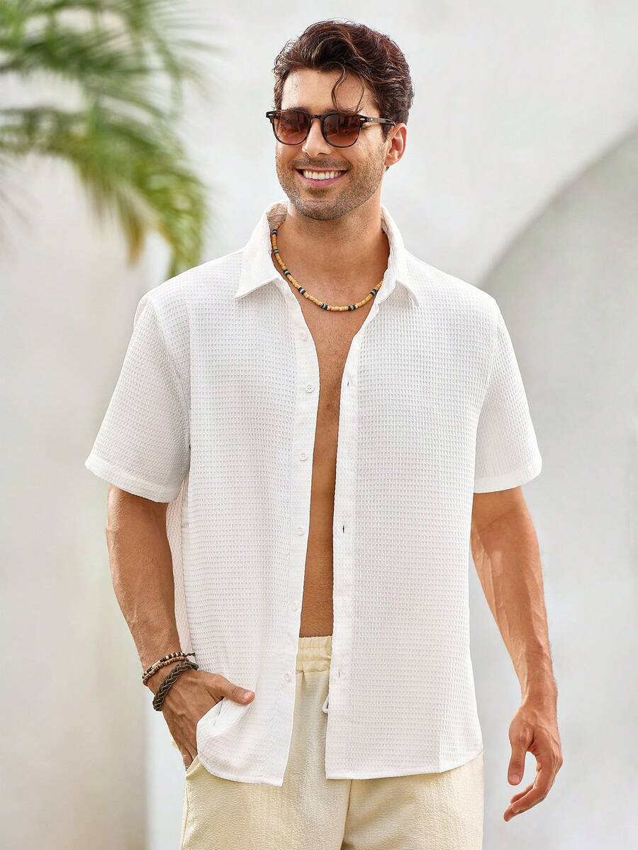 Mercer Haus Camisa de manga corta tejida de color blanco sólido con cuello para hombre, con botones delanteros, de verano, camisa abotonada, ligera, transpirable, fresca, casual, cómoda, regalo para padre/esposo