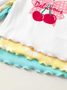 SHEIN 6pcs Baby Girl Knitted Solid Color Floral & Fruit Pattern Ruffle Collar Casual T-Shirt And Pants Set - Multicolor - View 5