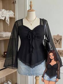 Comfortcana Plus Size Women Vintage Leopard Print Petal Sleeve Square Neck Top, Autumn/Winter - Black - View 9