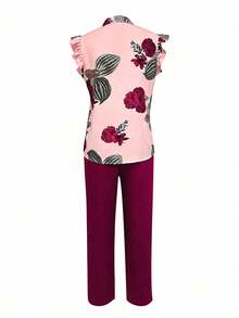 EMERY ROSE Women Floral Print Top And Solid Color Pants 2 Pieces Set (Belt Is Decorative) - Multicolor - View 2