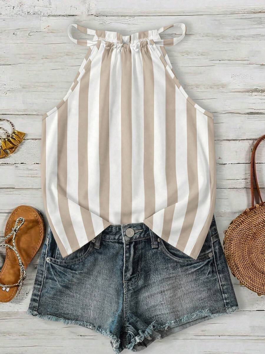 SHEIN LUNE Blusa feminina casual minimalista, boêmia, elegante e retrô com estampa listrada em cáqui, ideal para o escritório, deslocamentos diários, festivais de música, praia, férias e verão. Modelo frente única. - Multicolorido - Ver 1