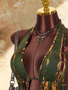 Amplova Mono de mujer con detalle de espalda descubierta, volantes en capas y bajo con volantes - Verde militar - Ver 5