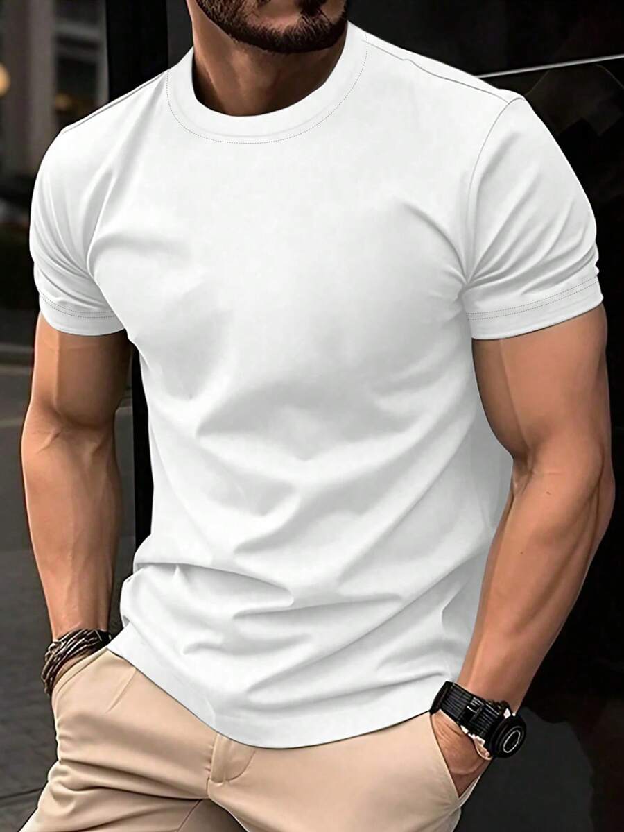 Manfinity Homme 男士纯色圆领短袖休闲上衣,日常穿着T恤 - 白色 - 查看 1
