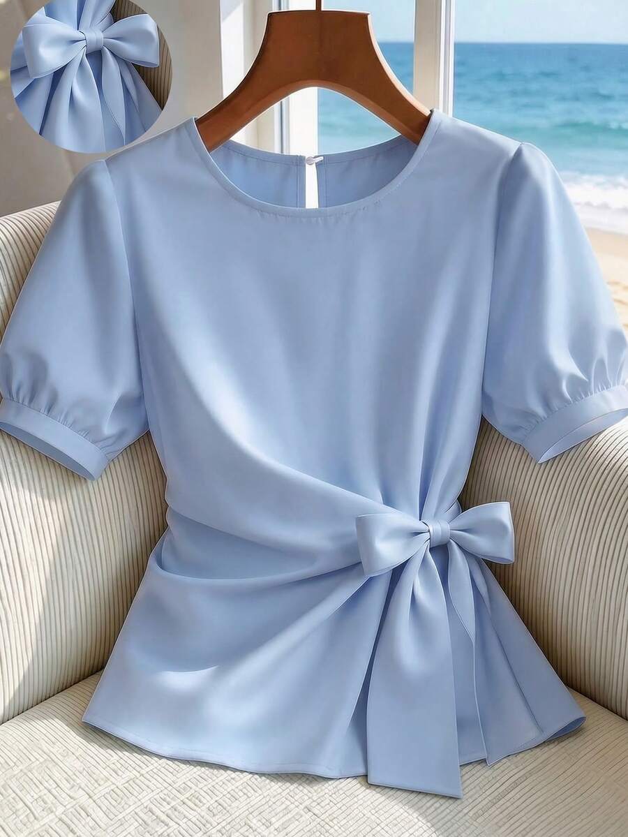 Franclia 女款純色時尚上衣,新款夏季打結上衣,休閒優雅日常通勤派對旅行,2026年夏季 - 藍色 - 查看 1
