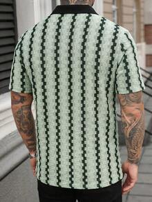 Manfinity CasualCool 男士撞色 Polo 衫，复古几何提花休闲上衣 - 薄荷綠 - 查看 2