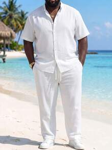 ResortEase Plus Size Men's Short Sleeve Shirt & Drawstring Pants Set, Cozy Outfits - White - View 1