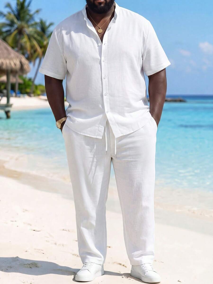 ResortEase Plus Size Men's Short Sleeve Shirt & Drawstring Pants Set, Cozy Outfits - White - View 1