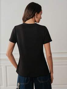 Anewsta Women's Rhinestone Floral Print Casual Versatile Daily Wear Short Sleeve T-Shirt Everyday Black Summer - Black - View 3