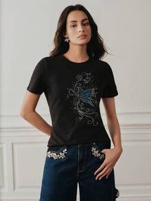 Anewsta Women's Rhinestone Floral Print Casual Versatile Daily Wear Short Sleeve T-Shirt Everyday Black Summer - Black - View 5