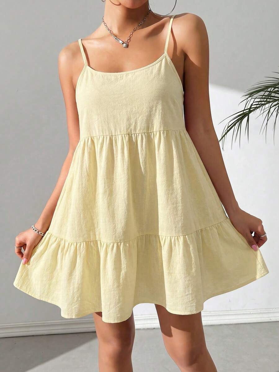 SHEIN EZwear 浅黄色休闲吊带露背娃娃裙 - 淡黃色 - 查看 1