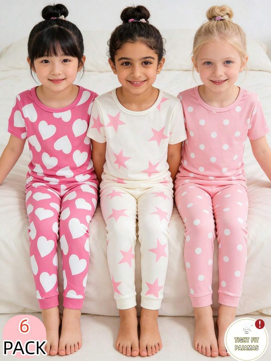 Genkimix Kids 6件組女孩修身睡衣套裝,圓領短袖白色夏季家庭款,愛心星星波點彈性修身睡衣 - 彩色 - 查看 1