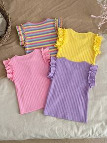 SHEIN LMoss Kids 4pcs Young Girl Solid Color Round Neck Ruffle Hem Fitted T-Shirt Set - Multicolor - View 4