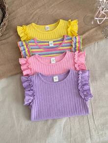SHEIN LMoss Kids 4pcs Young Girl Solid Color Round Neck Ruffle Hem Fitted T-Shirt Set - Multicolor - View 3