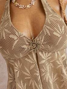 Bellisia Bộ tankini phong cách đi nghỉ mát, phối lưới, trang trí kim loại, cổ yếm thanh lịch kiểu Pháp - Cà phê nâu - Xem 5