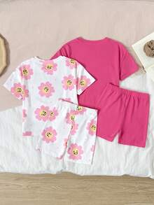 SHEIN 2件組少女/少女夏季柔軟粉色+印花休閒套裝，時尚搭配套裝適用於日常穿著、外出、度假、露營、拍照、雙胞胎穿搭 - 彩色 - 查看 2