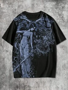 ROMWE MEN Goth Áo thun nam tay ngắn cổ tròn dáng rộng in hình thiên thần - màu đen - Xem 5