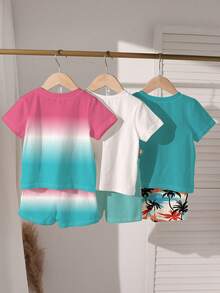 RANDOM 3PCS ENVIAR 1 pieza Conjunto estilo California para niños en degradado rosa & azul, camiseta de manga corta con estampado de palmera de coco + pantalones cortos, adecuado para salidas a la playa y uso diario, conjunto de 2 piezas de camiseta de manga corta con estampado de palmera de coco en degradado & pantalones cortos, atuendo casual y cómodo para vacaciones en la playa para niños - Multicolor - Ver 2