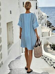 SHEIN Holidaya 女士条纹印花V领宽松夏季休闲度假连衣裙 - 湖藍色 - 查看 2