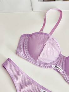 Lowkey Lull 2pcs Set Underwire 1/2 Cup Lift & Gather Minimalist Comfortable High Elasticity High Support Women's Bra Set - Purple - View 3