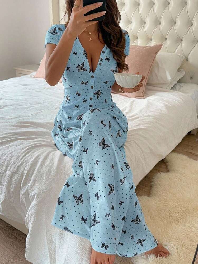 Women's Elegant Butterfly Print Top And Wide Leg Pajama Pants Set, Summer Sleepwear