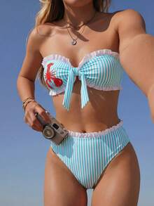 Swim Mod Bộ đồ 2 mảnh họa tiết kẻ sọc, cổ nhún, gấu quần xếp ly, thích hợp cho kỳ nghỉ hè/xuân ở bãi biển. - Màu xanh Bạc hà - Xem 1