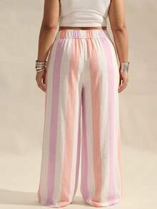 GalTyme Plus Size Women Waist Tie Striped Pocket Wide Leg Pants - Multicolor - View 2