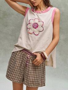 Bohemela 2 peças/Conjunto Regata de Malha Lavada Casual e Shorts Soltos Femininos - Branco - Visão 4