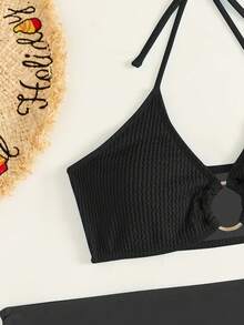 SHEIN Swim Summer Beach 3packs Textured Ring Linked Bikini With Beach Skirt - Black - View 4