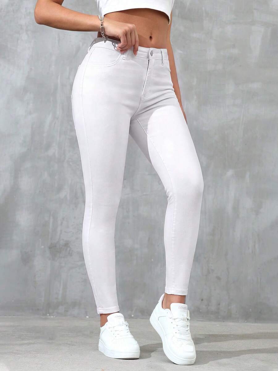 SHEIN Essnce 女士时尚纯色斜插口袋弹力修身牛仔裤 - 白色 - 查看 1