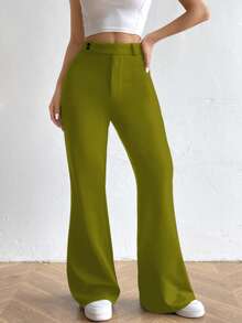 SHEIN Unity Women's Solid Color Minimalist Casual Long Pants - Green - View 4