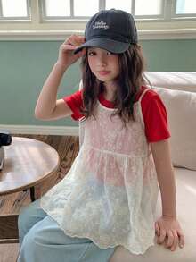 Dazy Kids 少女刺繡蝴蝶結裝飾透視時尚襯衫 夏季款 - 白色 - 查看 4