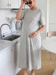 Slowluna 孕婦休閒日常通勤素色寬鬆落肩T恤洋裝 - 淺灰色 - 查看 7