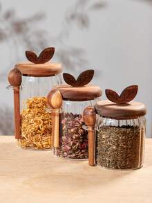 1pc Glass Tea Canister With Spoon, Airtight Seal, Moisture-Proof, Dust-Proof Storage Jar For Coffee Beans, Red Tea, Flowers, Grains - Clear - View 7