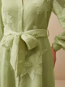 Anewsta 優雅花卉刺繡透視泡泡袖綁腰大尺碼女款洋裝 - 綠色 - 查看 7