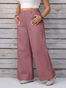 EMERY ROSE Plus Size Women Loose Button Front Wide Leg Casual Jeans - Dusty Pink - View 9