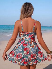 Swim Lushoire Women's Mature And Conservative Floral Print Spaghetti Strap Swimsuit Dress Two-Piece Set - Multicolor - View 2