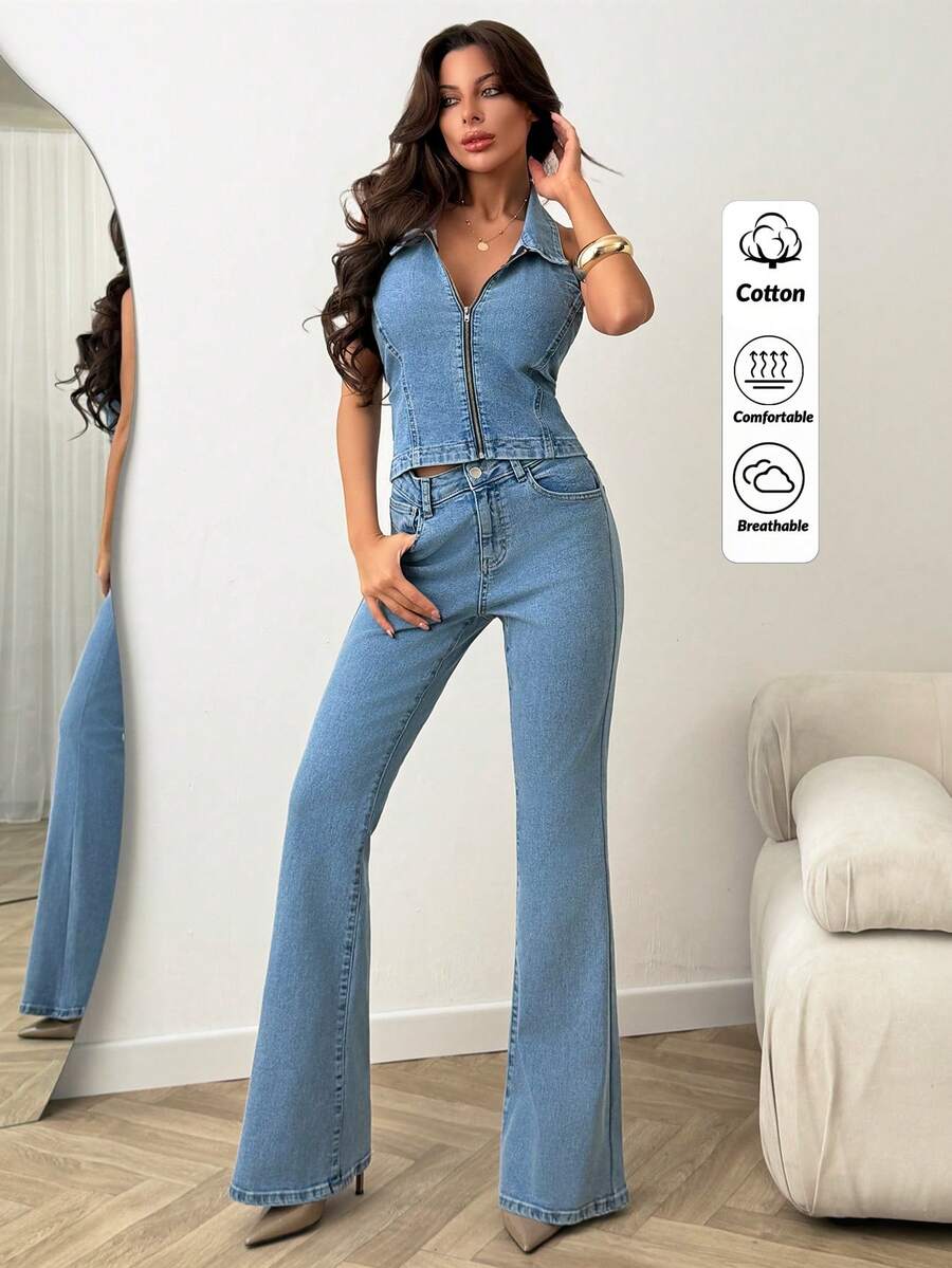 SHEIN 100% Cotton Women's Denim Two Pieces Outfits - Medium Wash - View 1