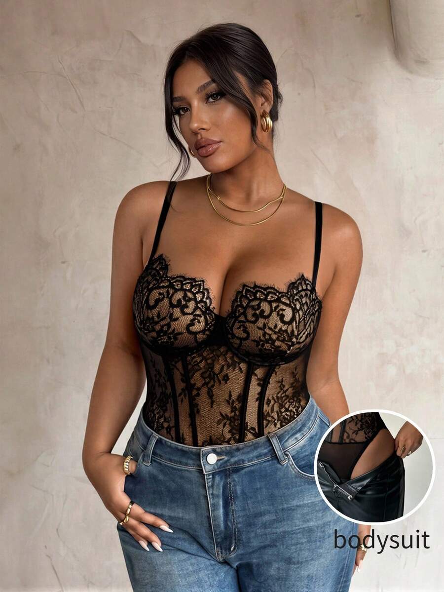 Firerie Plus Size Sexy Sheer Lace Camisole Elegant Lace Summer Vacation Going Out Bodysuit Party Bodysuit Independence Day Outfits Elegant Bodysuit For Women - Black - View 1