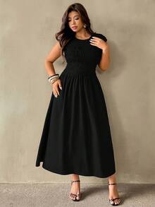 Auralis Plus Size Women Summer Casual Vacation Minimalist Solid Color Shirred Bodice Cinching Waist Dress - Black - View 4
