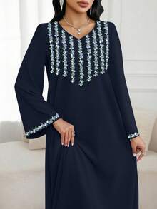 Al Najma 女士花卉V领长袖优雅阿拉伯连衣裙 - 藏蓝色 - 查看 1