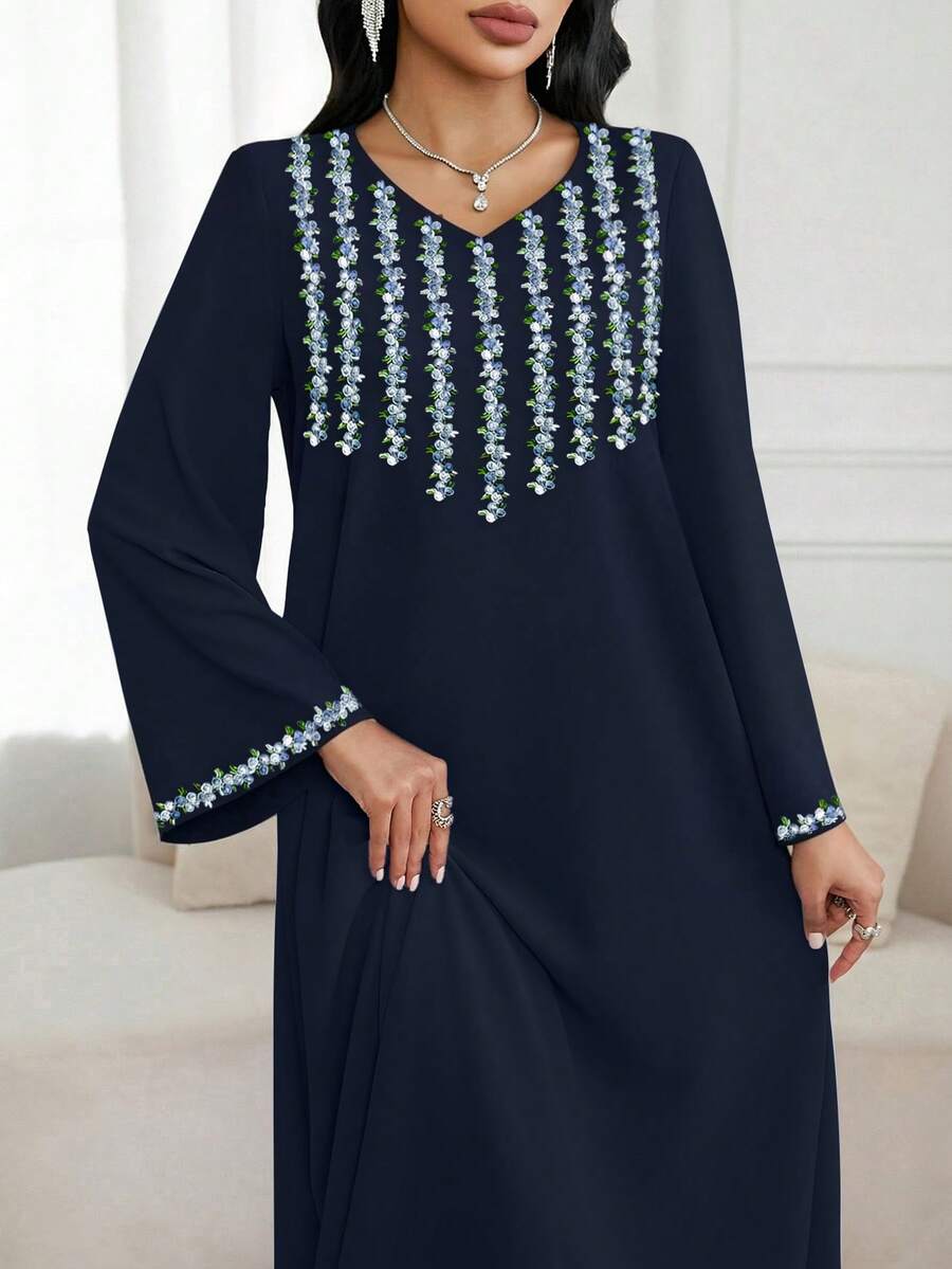Al Najma 女士花卉V领长袖优雅阿拉伯连衣裙 - 藏蓝色 - 查看 1