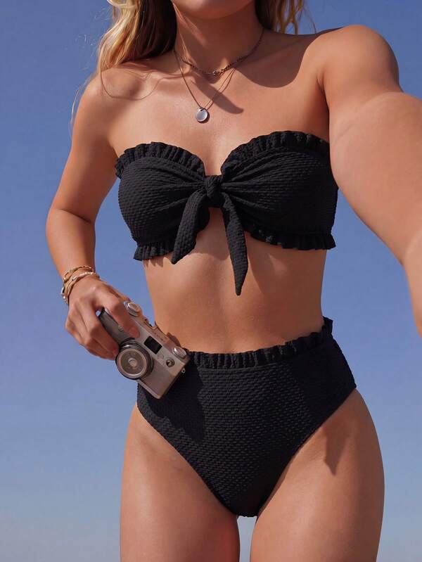 Swim Mod Women's Summer Beach Solid Color Frill Trim Bandeau Bikini Set With Front Knot, Two-Piece Swimwear Black Bathing Suits