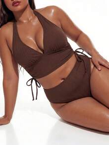 Swim Vcay 2026 Plus Size Women Summer Kawaii Beach Halter Bikini Set,V-Neck Backless Hollow Out Ruched Sides 2-Piece Swimwear Fashionable Holiday Bathing - Brown - View 3