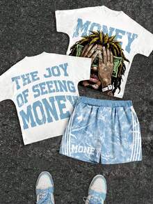 2pcs Tween Boy White Summmer Streetwear City Break Hip Hop Graphic T-Shirt And Shorts Set,Round Neck Short Sleeve Casual Outfits For Kids Daily Wear - Multicolor - View 2