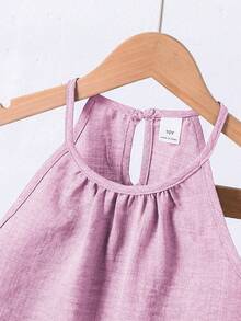 SHEIN 1 bộ áo sát nách và quần cho bé gái, thiết kế cổ yếm hở lưng thời trang đa năng, chất liệu vải dệt, áo ôm + quần ống đứng thoải mái, phù hợp mặc ngoài trời, mùa hè - Hồng - Xem 5
